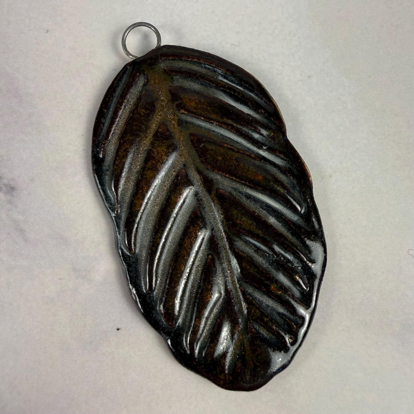 Deep Black and Copper Leaf Ceramic Pendant