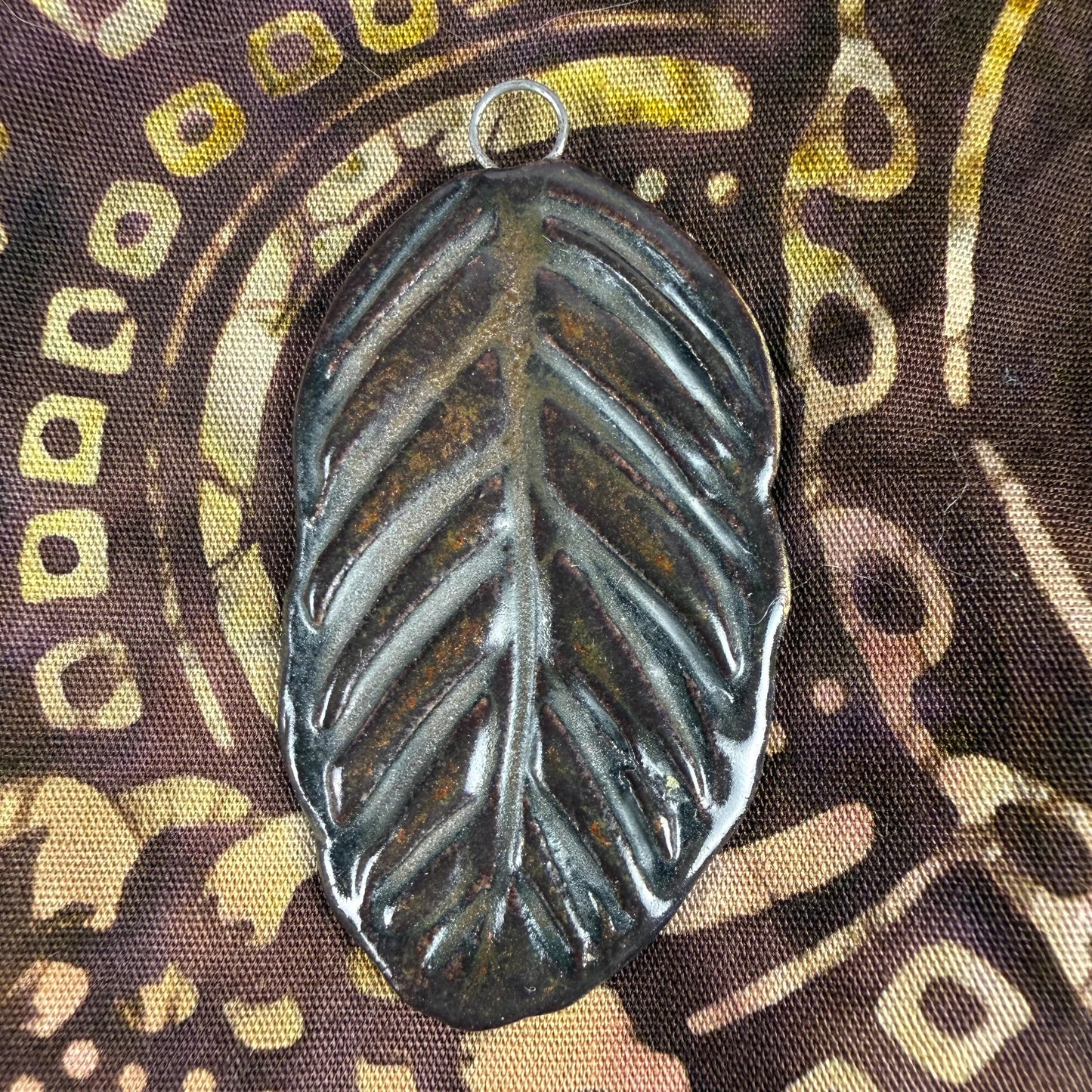 Deep Black and Copper Leaf Ceramic Pendant
