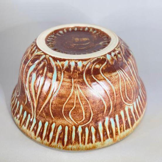 Brown and Turquoise Carved Serving Bowl/Fruit Bowl