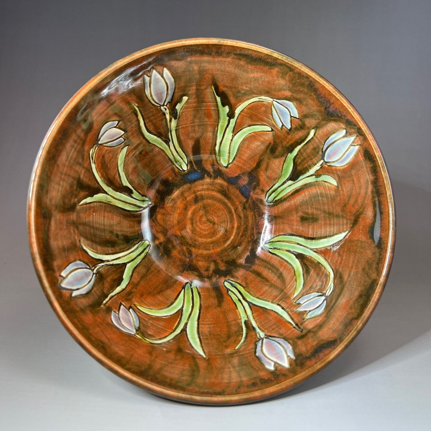 Brown Serving Bowl with Tulips