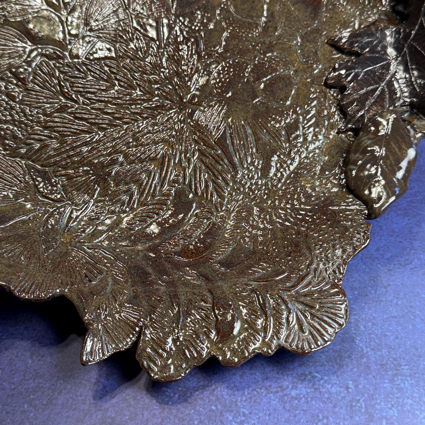 Large Brown and Green Leaf Organic Shaped Serving Plate/Platter