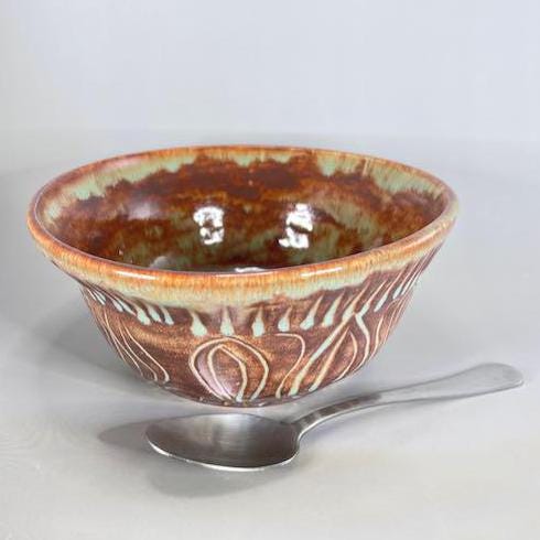 Brown and Turquoise Carved Serving Bowl/Fruit Bowl