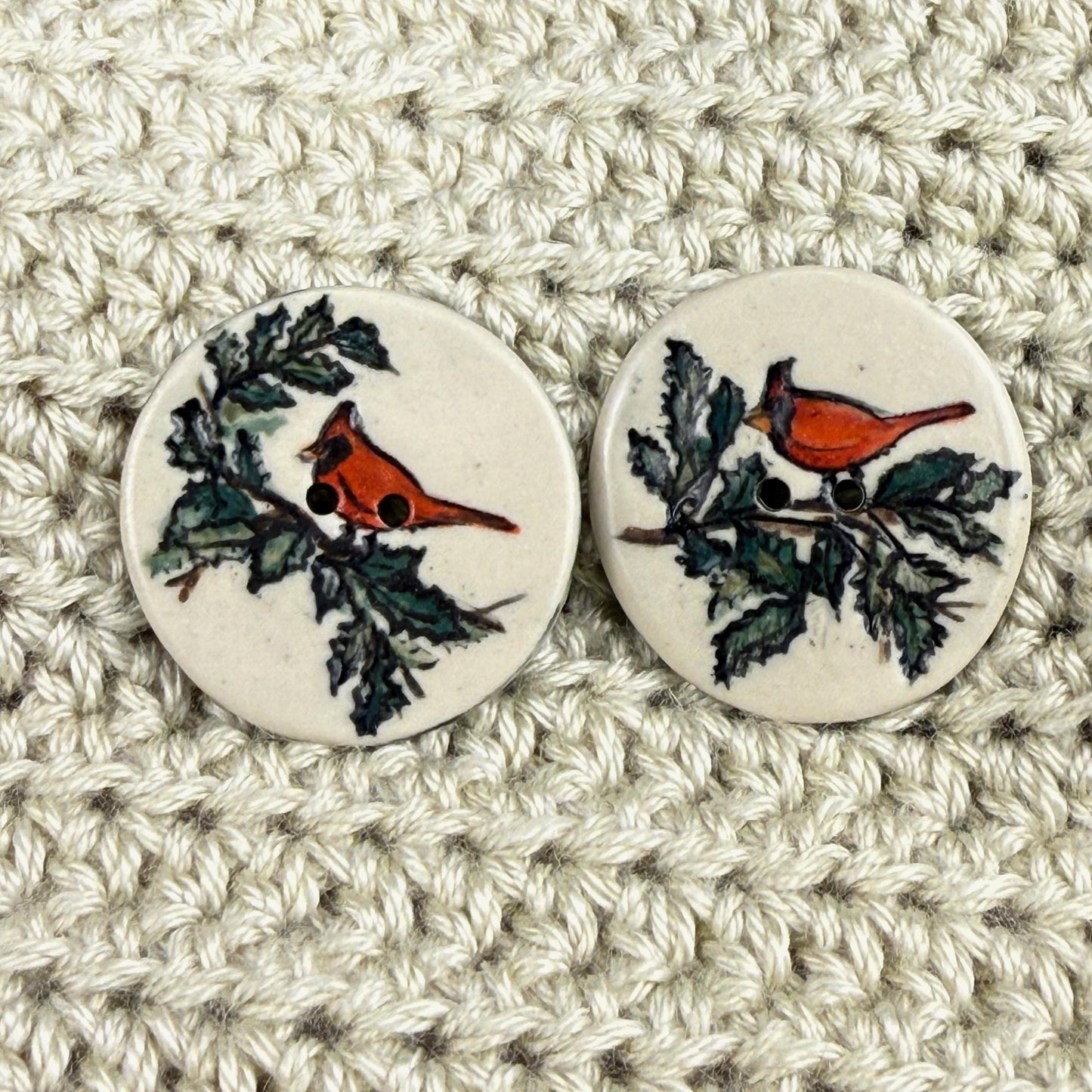 Red Cardinal With Holly on White Round Button