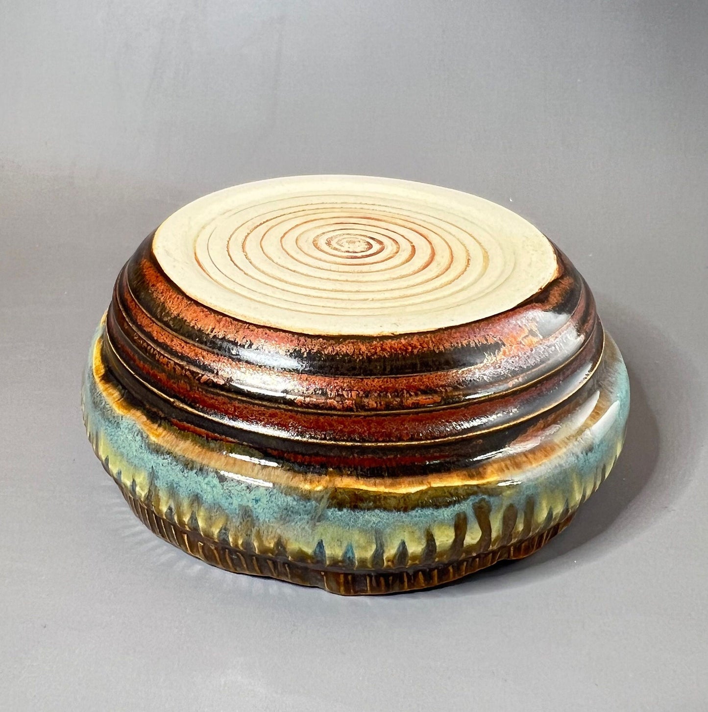 Copper and Turquoise Carved Stoneware Trinket Dish