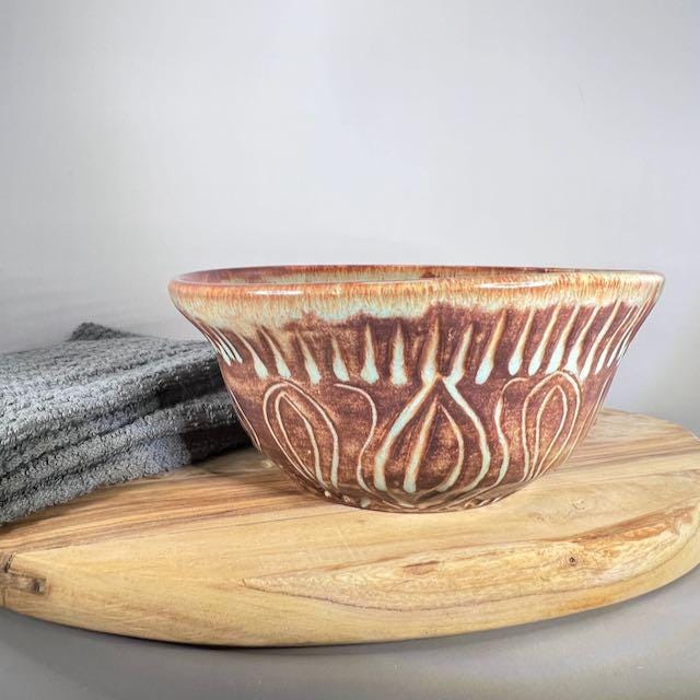 Brown and Turquoise Carved Serving Bowl/Fruit Bowl
