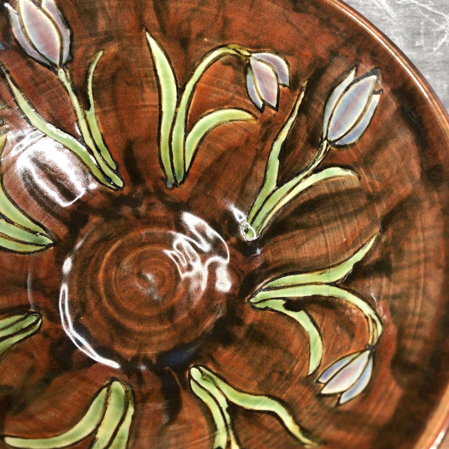 Brown Serving Bowl with Tulips