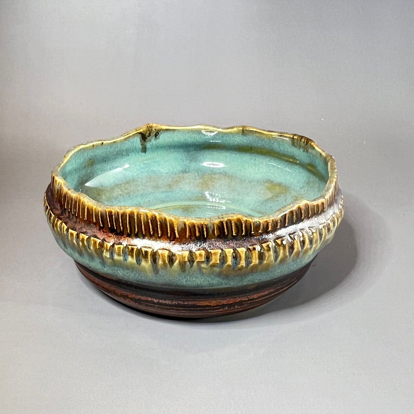 Copper and Turquoise Carved Stoneware Trinket Dish