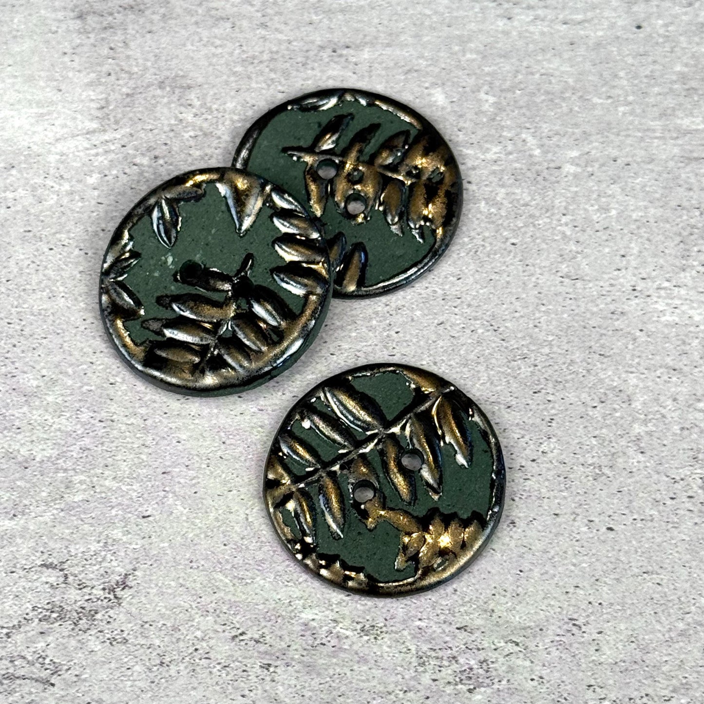 Gold Fern Leaves on Green Porcelain Round Buttons