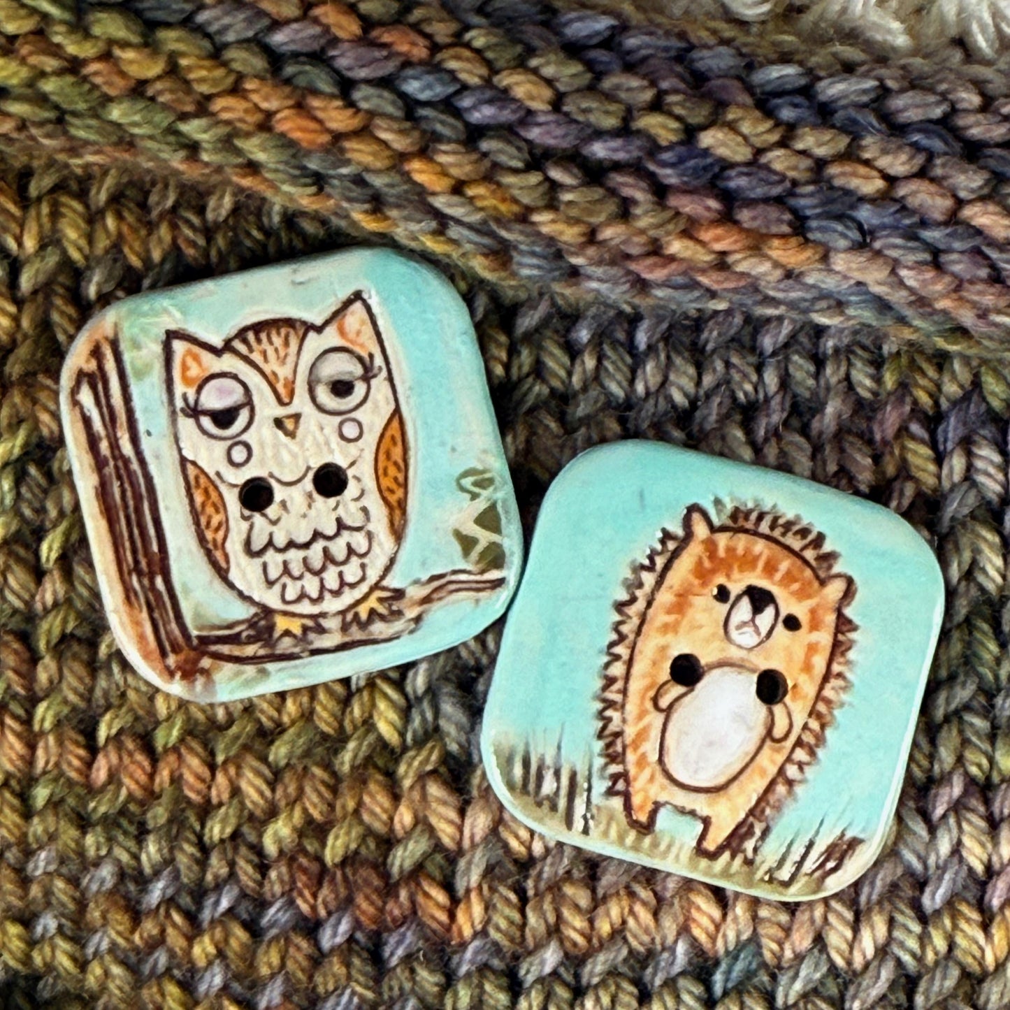 Retro Owl and Hedgie Square Ceramic Buttons