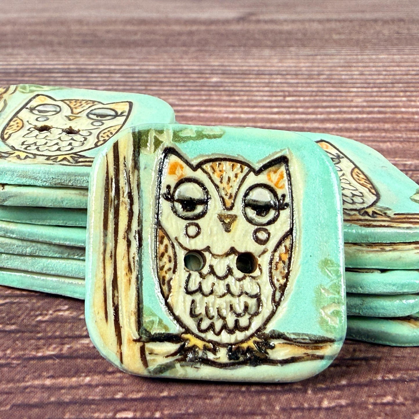 Retro Owl and Hedgie Square Ceramic Buttons