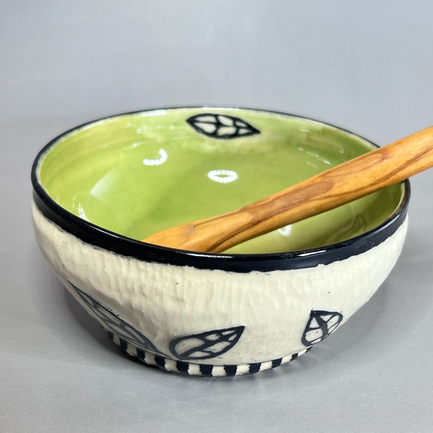 Sgraffito Stoneware Bowl, Celadon Glaze, Leaf Design