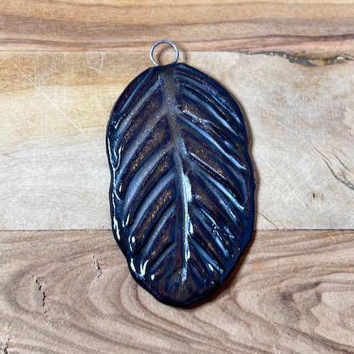 Deep Black and Copper Leaf Ceramic Pendant