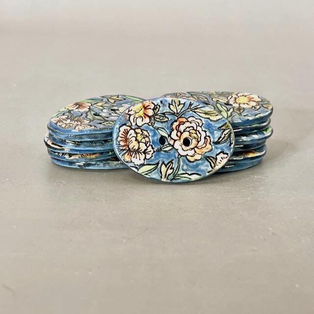 Cottage Garden Flowers on Blue Oval Buttons