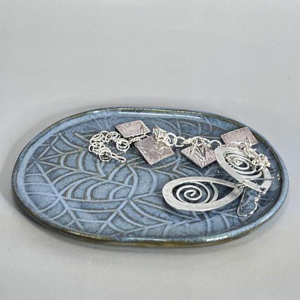 Small Dark Blue Oval with Spider Web Texture Trinket Tray/Teabag Holder/ Spoon Rest