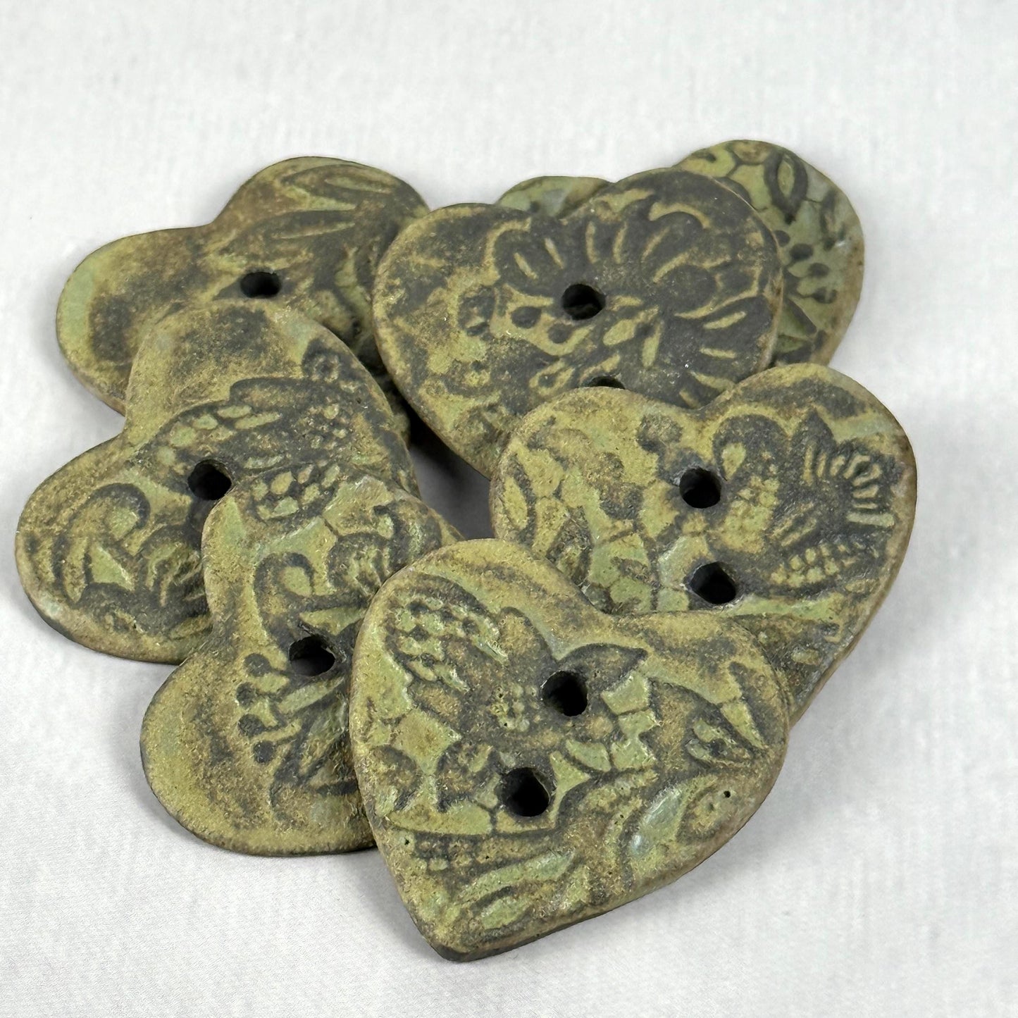 Matcha Green Floral Pattern on Black Porcelain Heart Button