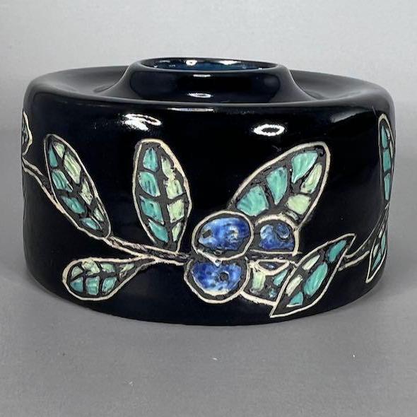 Decorative Blue Berries and Leaves Sgraffito Design Bud Vase