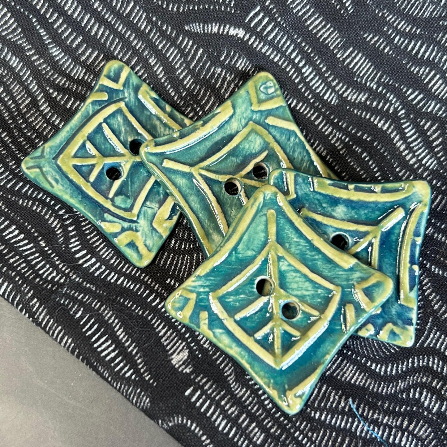 Square Green Button With Graphic Leaf Stamp 2 Holes