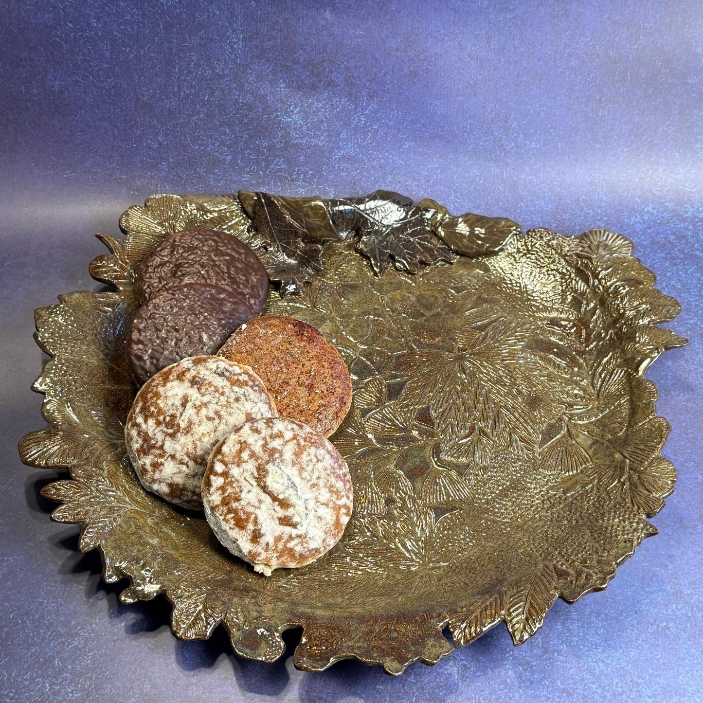 Large Brown and Green Leaf Organic Shaped Serving Plate/Platter
