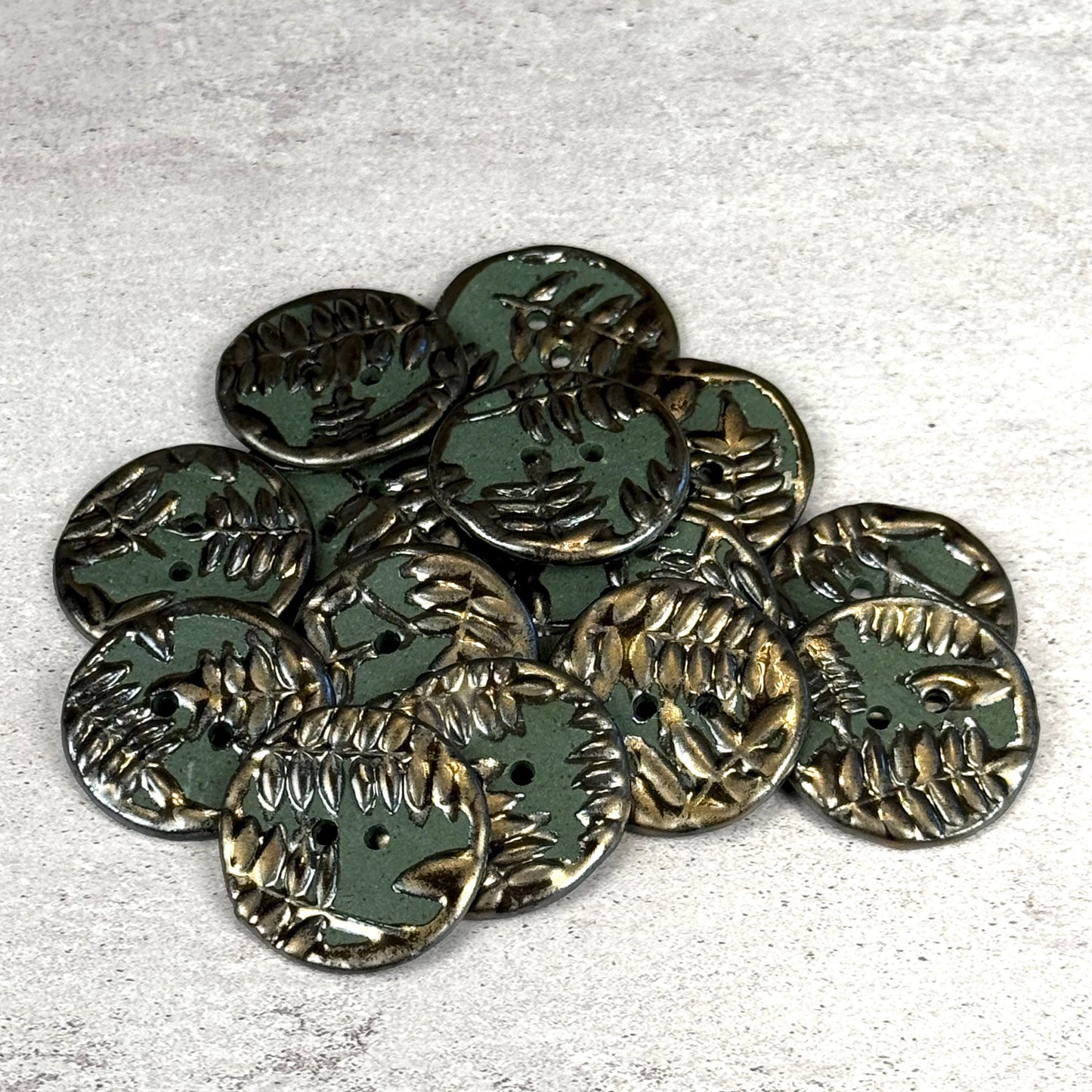 Gold Fern Leaves on Green Porcelain Round Buttons
