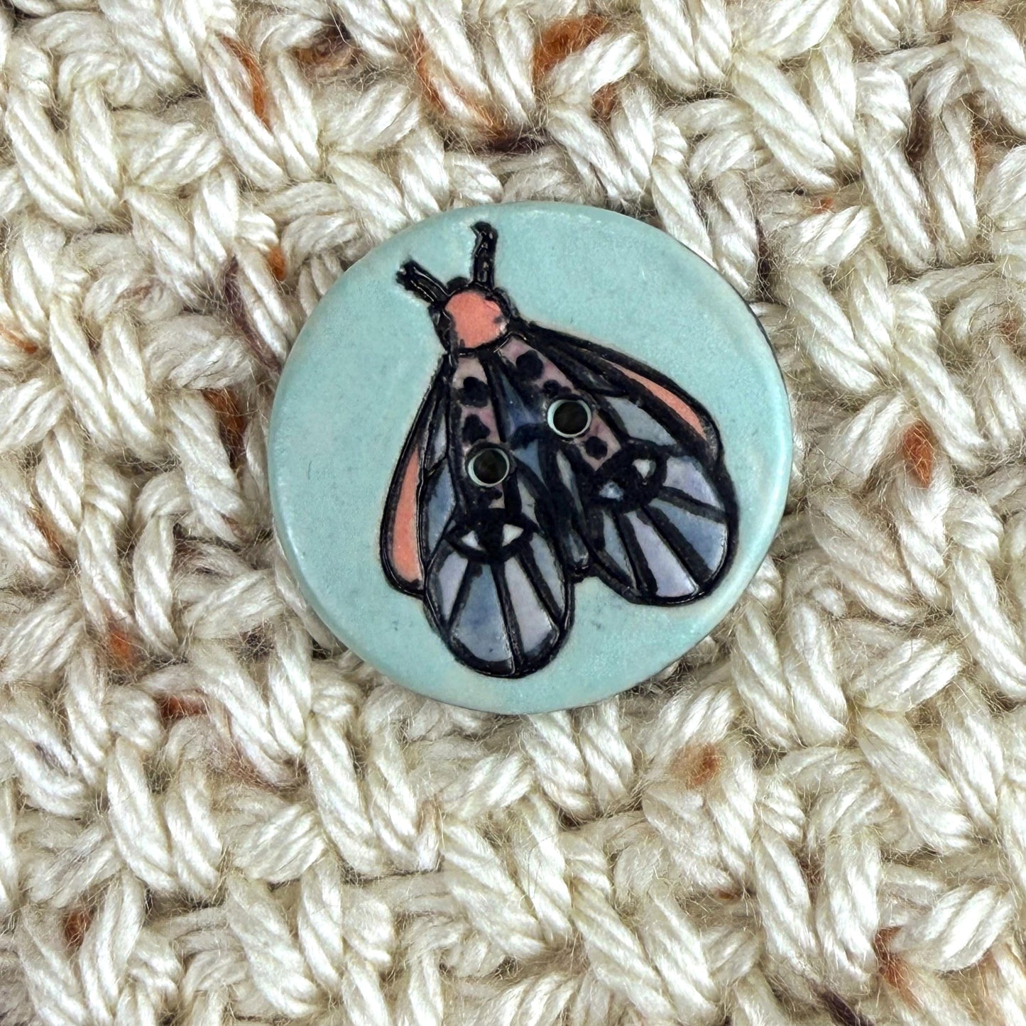 Blue Moth with Eyes on  Aqua Blue Ceramic Button