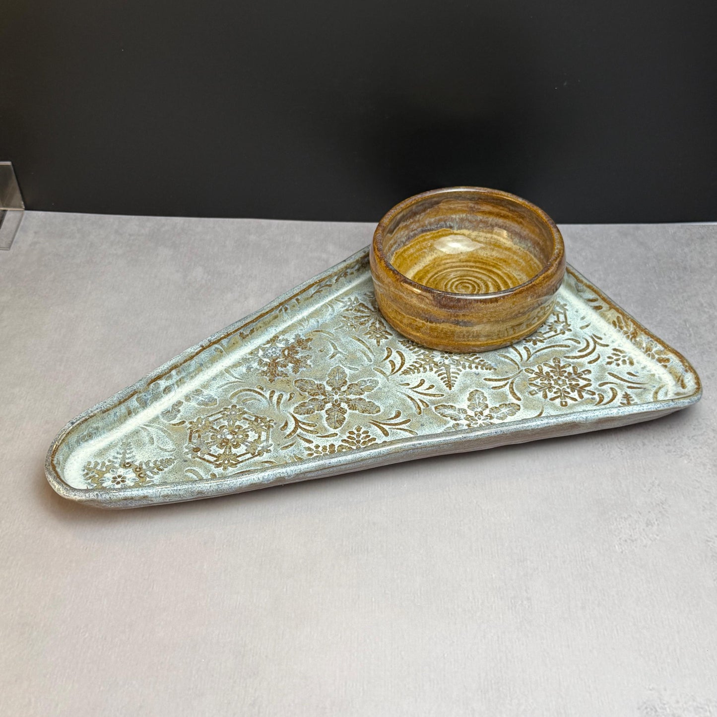 MCM Tree Shaped Tray with Snowflake Pattern White on Brown Stoneware