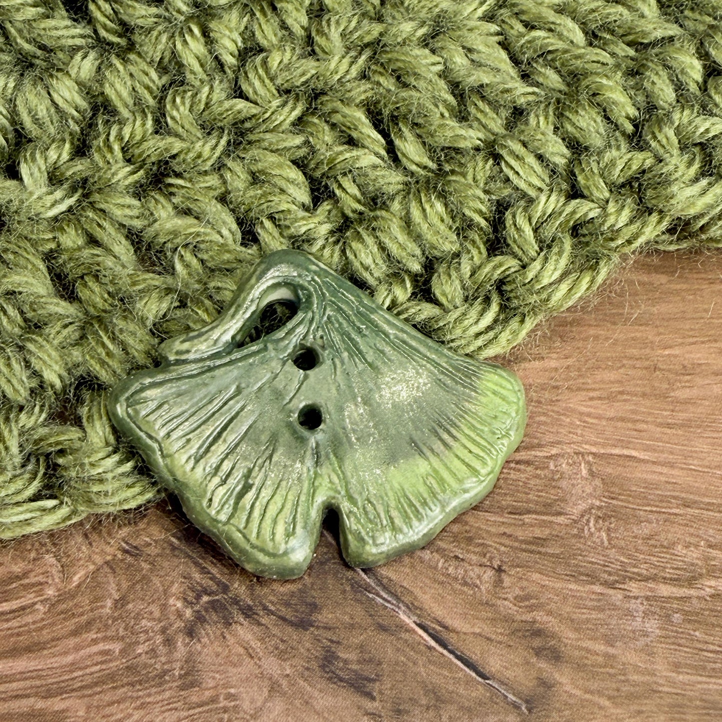 Carved Green Ginkgo Ceramic Button