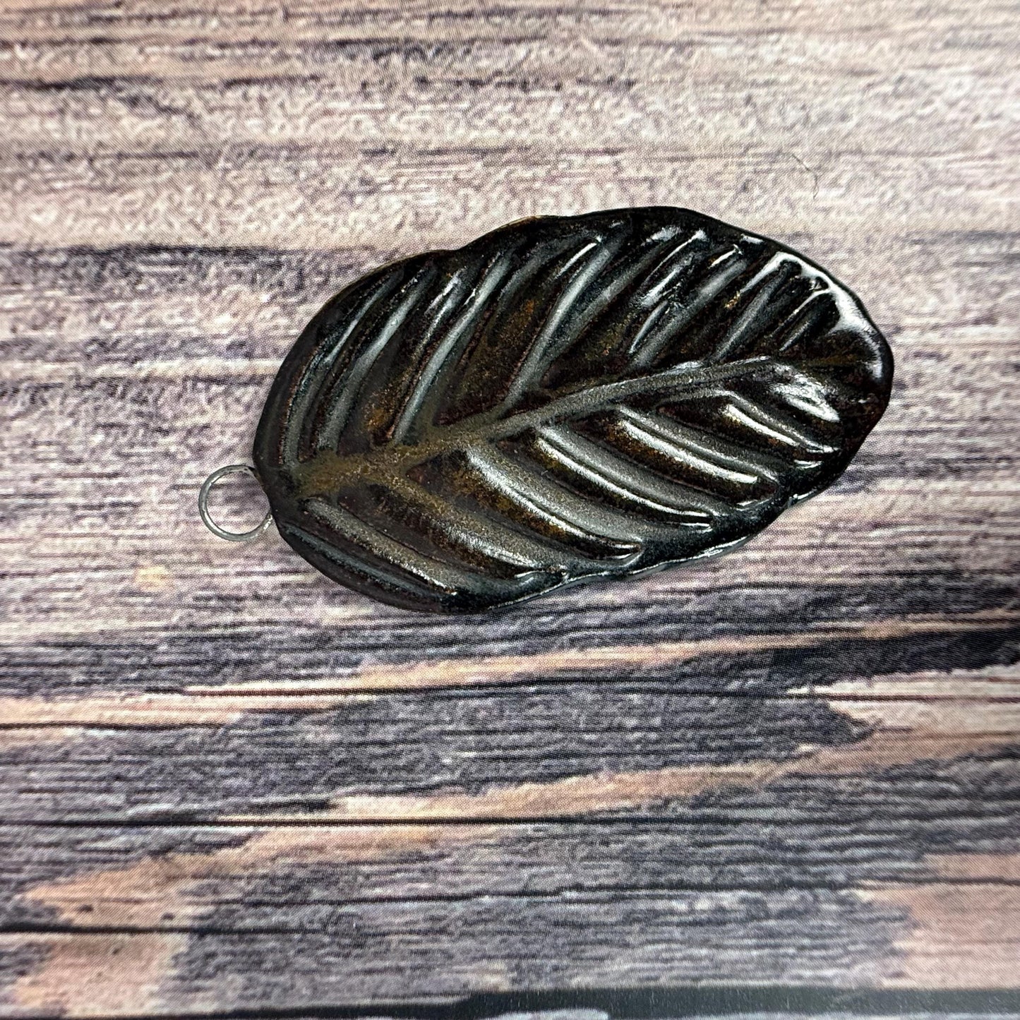Deep Black and Copper Leaf Ceramic Pendant