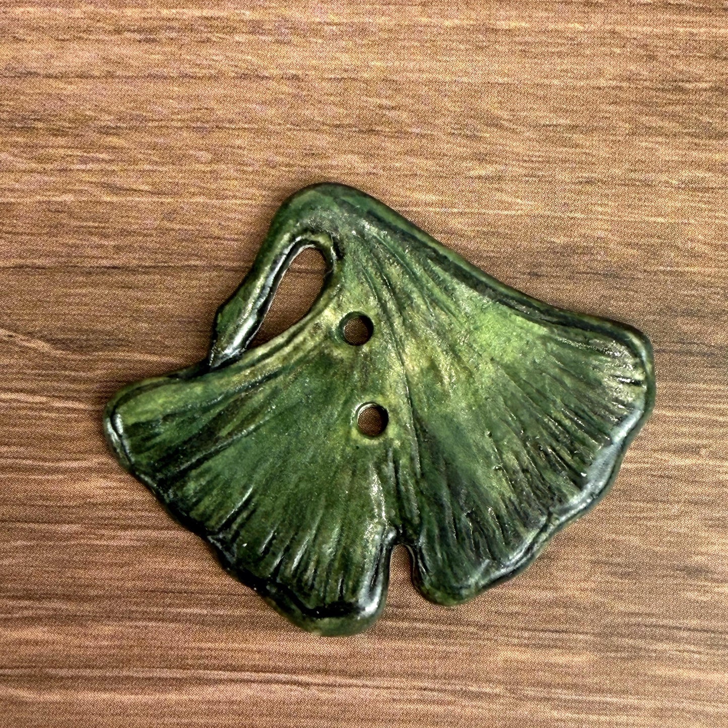 Carved Green Ginkgo Ceramic Button with Dark Green Details