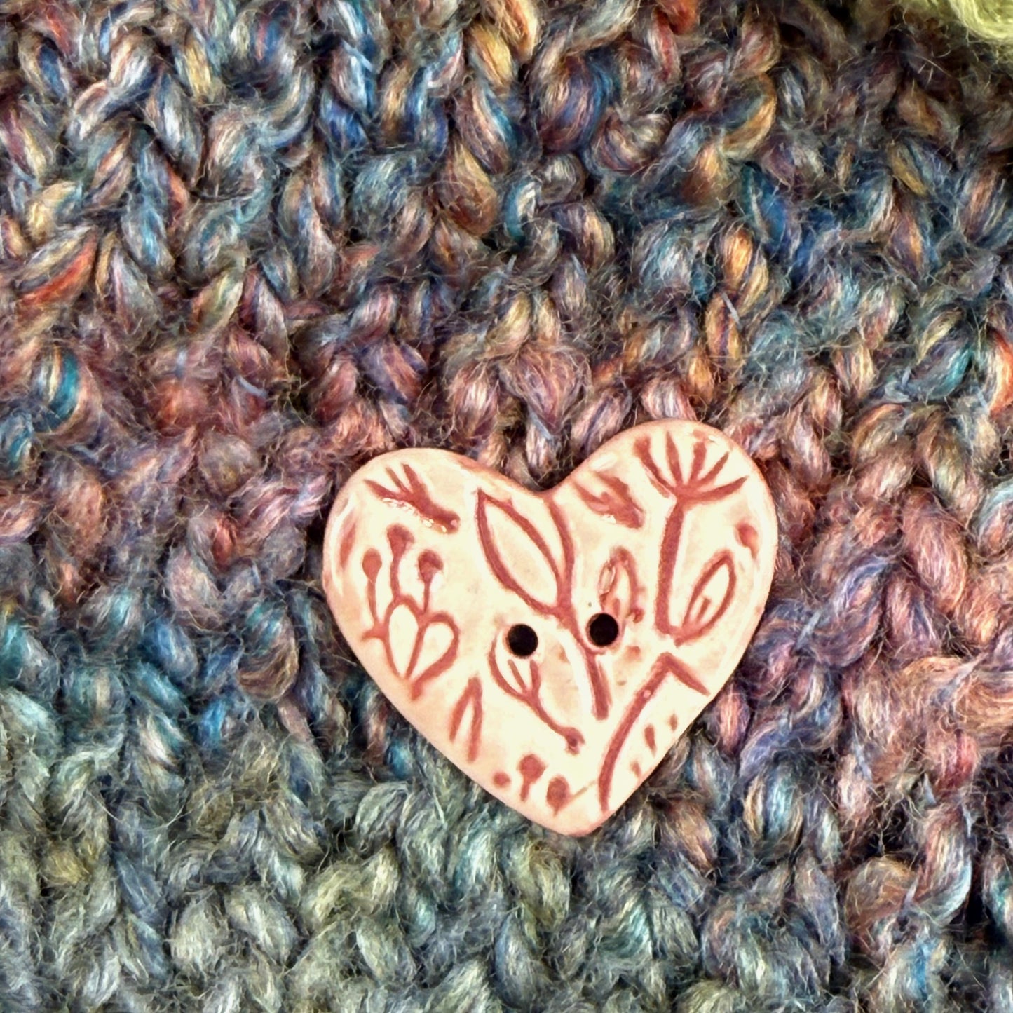 Red and Pale Pink Floral Patterned Heart Ceramic Button