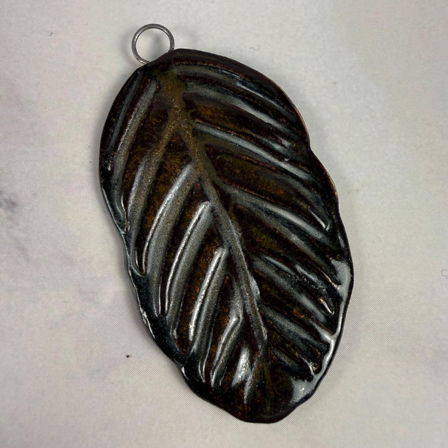 Deep Black and Copper Leaf Ceramic Pendant