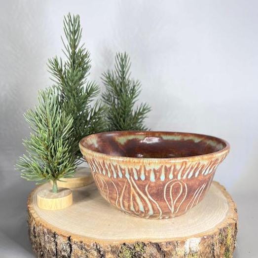 Brown and Turquoise Carved Serving Bowl/Fruit Bowl
