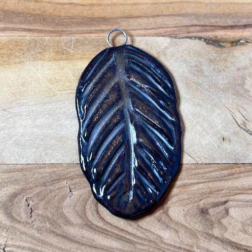 Deep Black and Copper Leaf Ceramic Pendant
