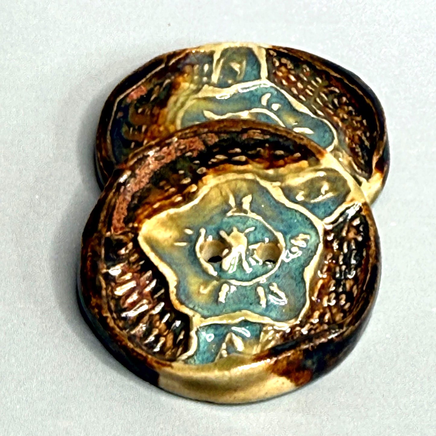 Flower and Leaf Textured Button Blue and Copper