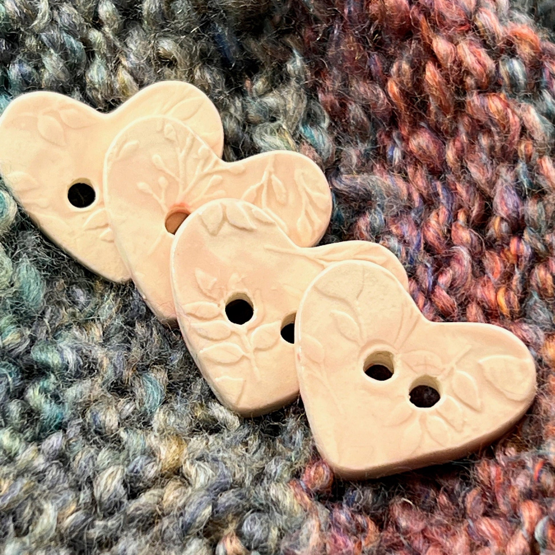 Floral Textured Heart Shaped (Horizontal 2-Hole) Buttons in Blush Pink