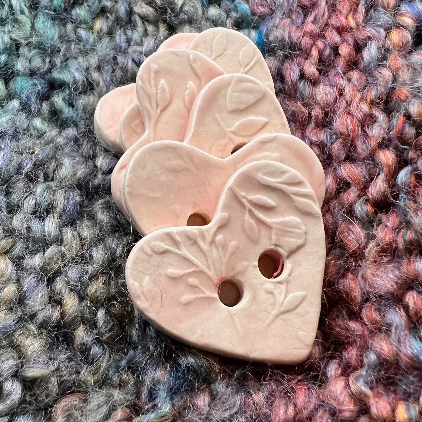 Floral Textured Heart Shaped (Horizontal 2-Hole) Buttons in Blush Pink