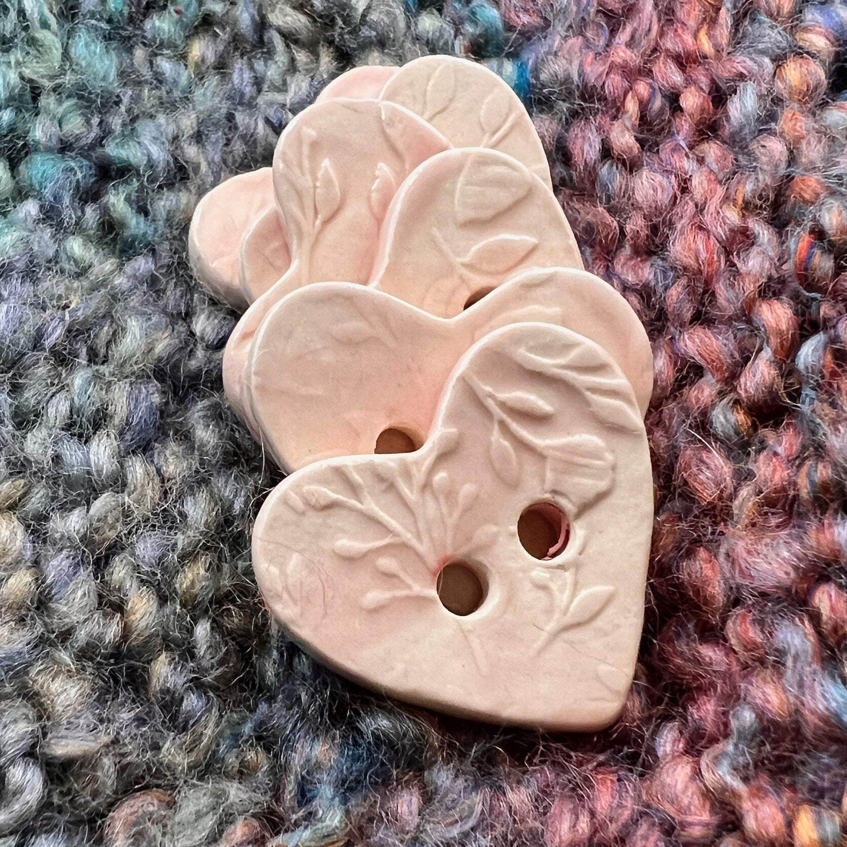 Floral Textured Heart Shaped (Horizontal 2-Hole) Buttons in Blush Pink