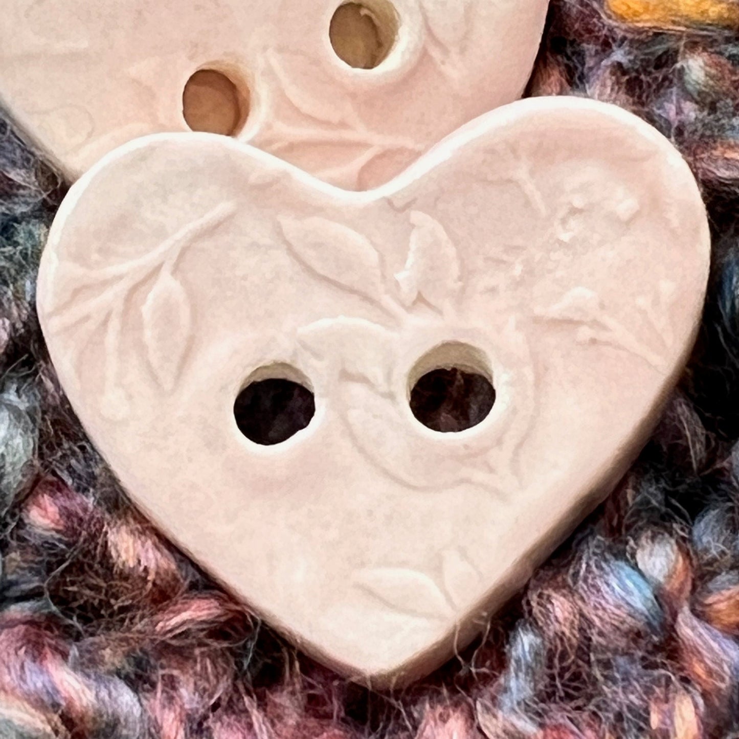 Floral Textured Heart Shaped (Horizontal 2-Hole) Buttons in Blush Pink