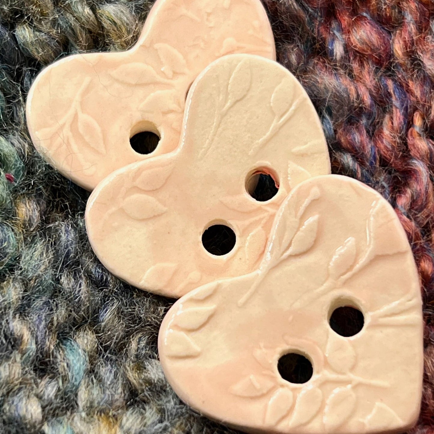 Floral Textured Heart Shaped (Horizontal 2-Hole) Buttons in Blush Pink