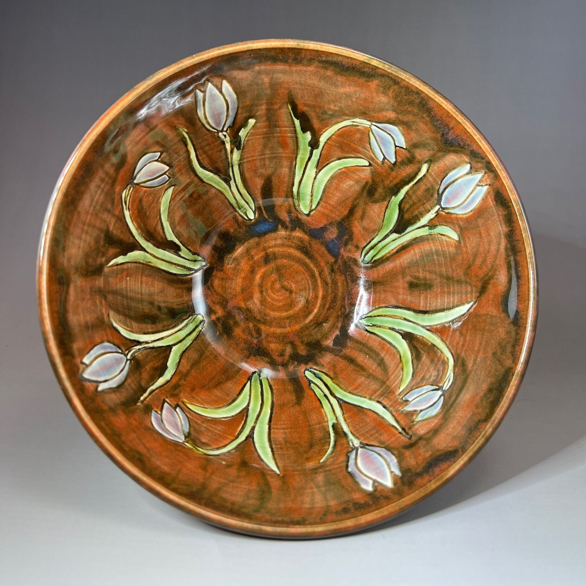 Brown Serving Bowl with Tulips