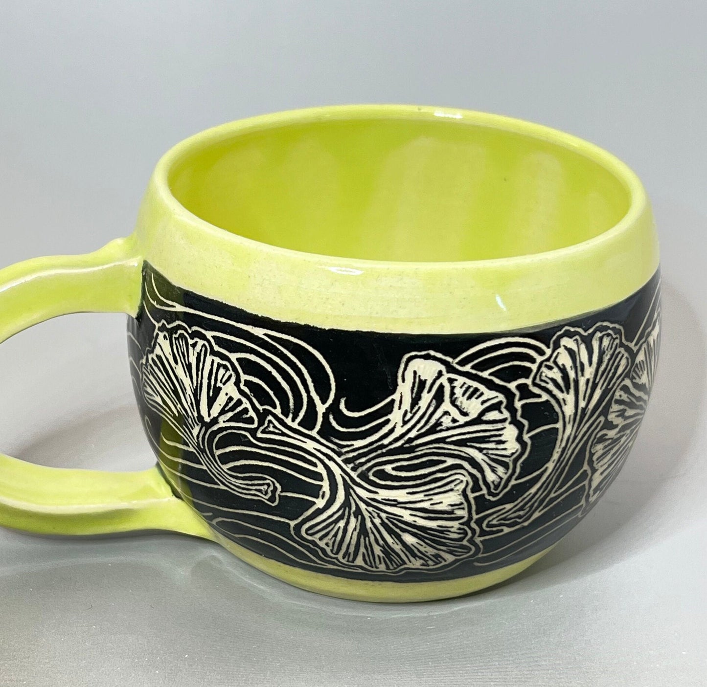 Chartreuse Green and Black Gingko Leaf Sgraffito Mug