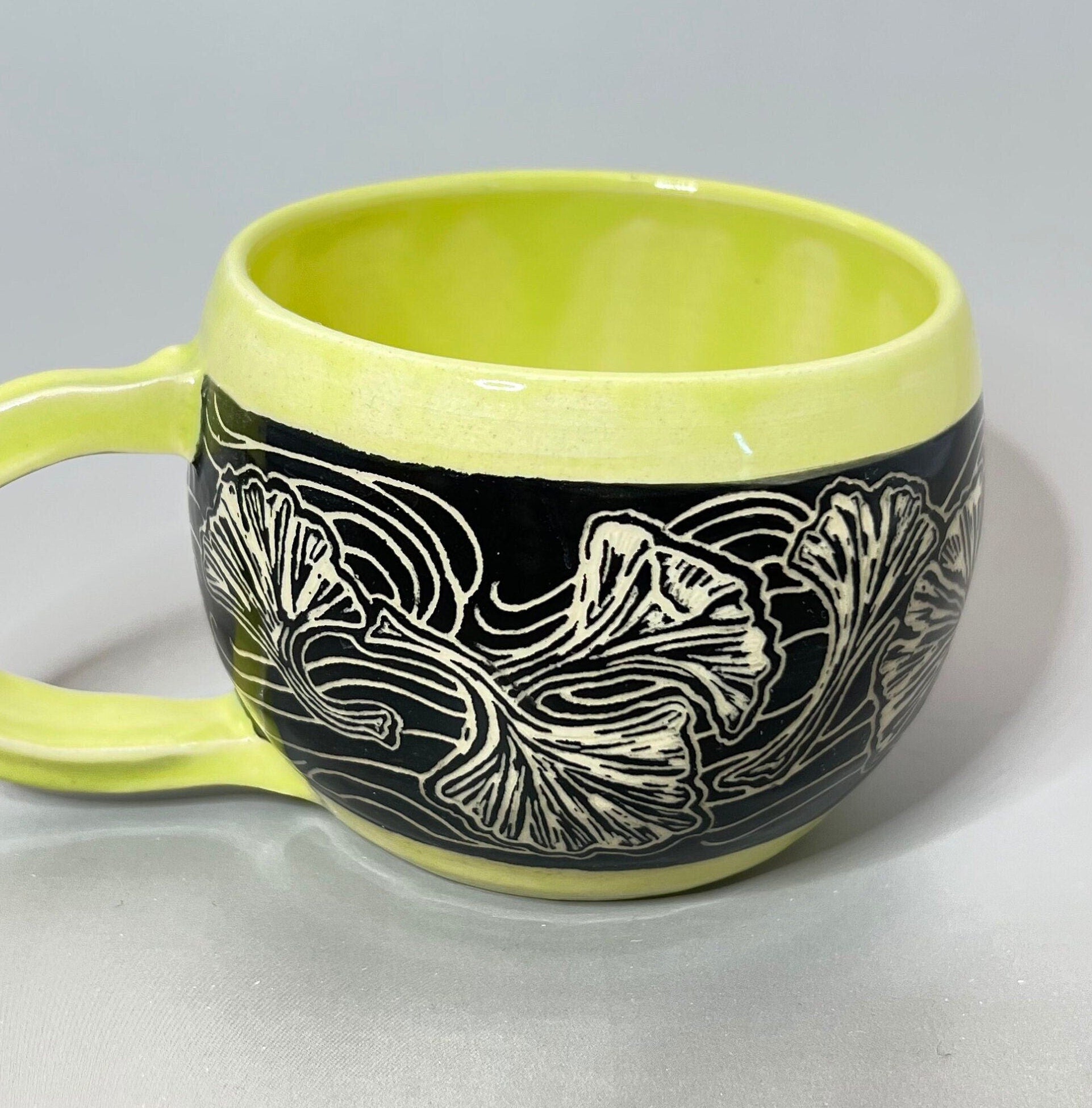 Chartreuse Green and Black Gingko Leaf Sgraffito Mug