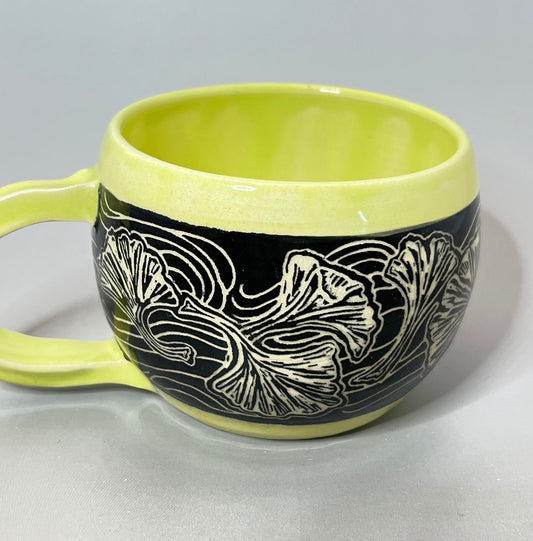 Chartreuse Green and Black Gingko Leaf Sgraffito Mug