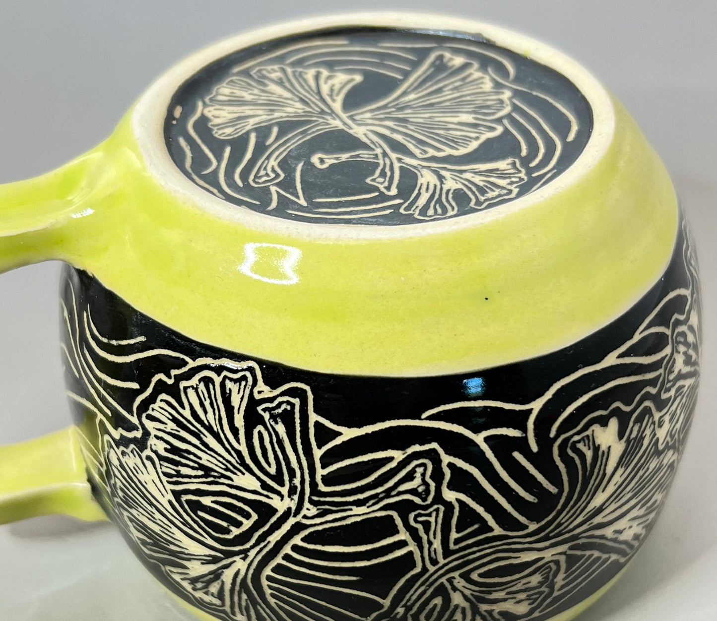 Chartreuse Green and Black Gingko Leaf Sgraffito Mug