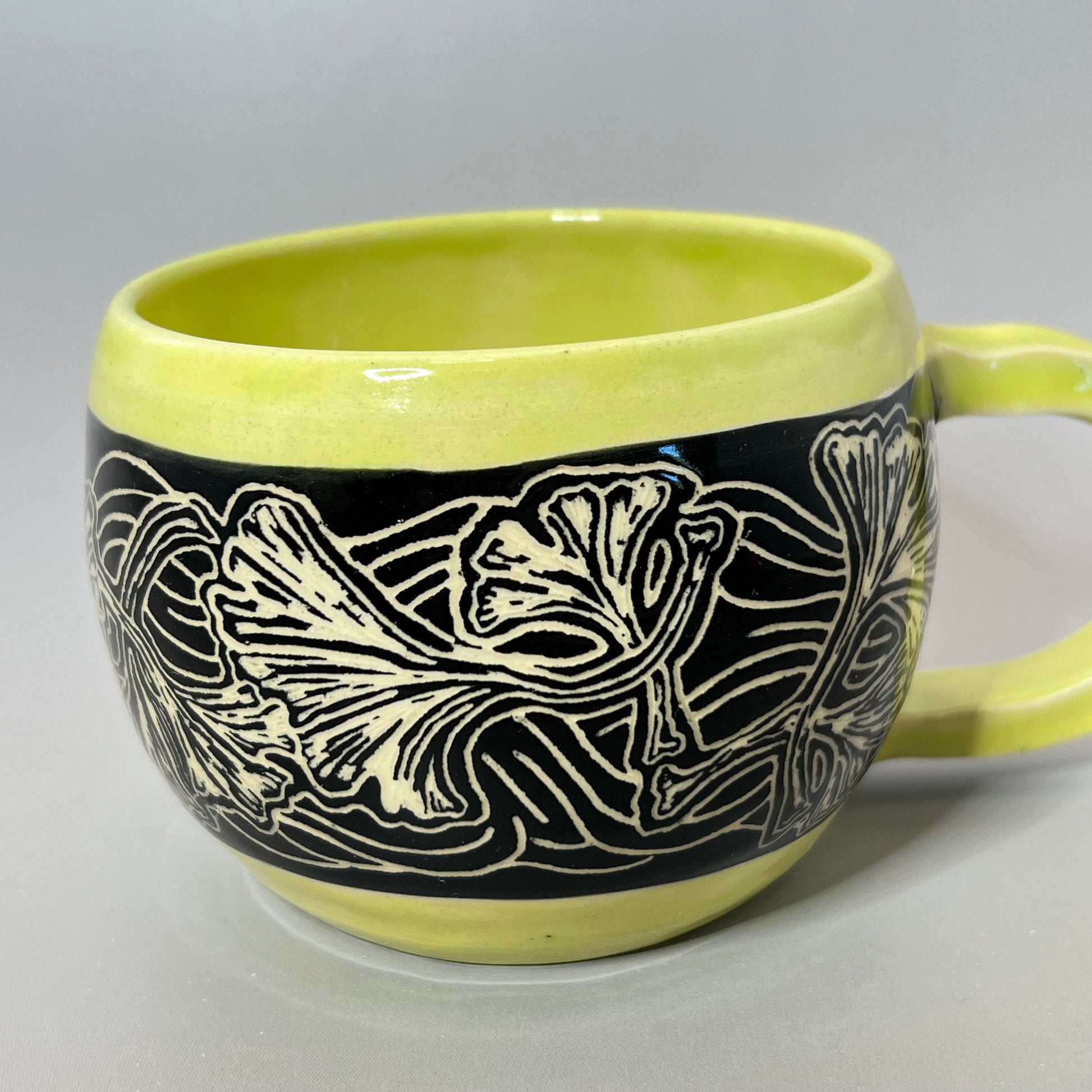 Chartreuse Green and Black Gingko Leaf Sgraffito Mug