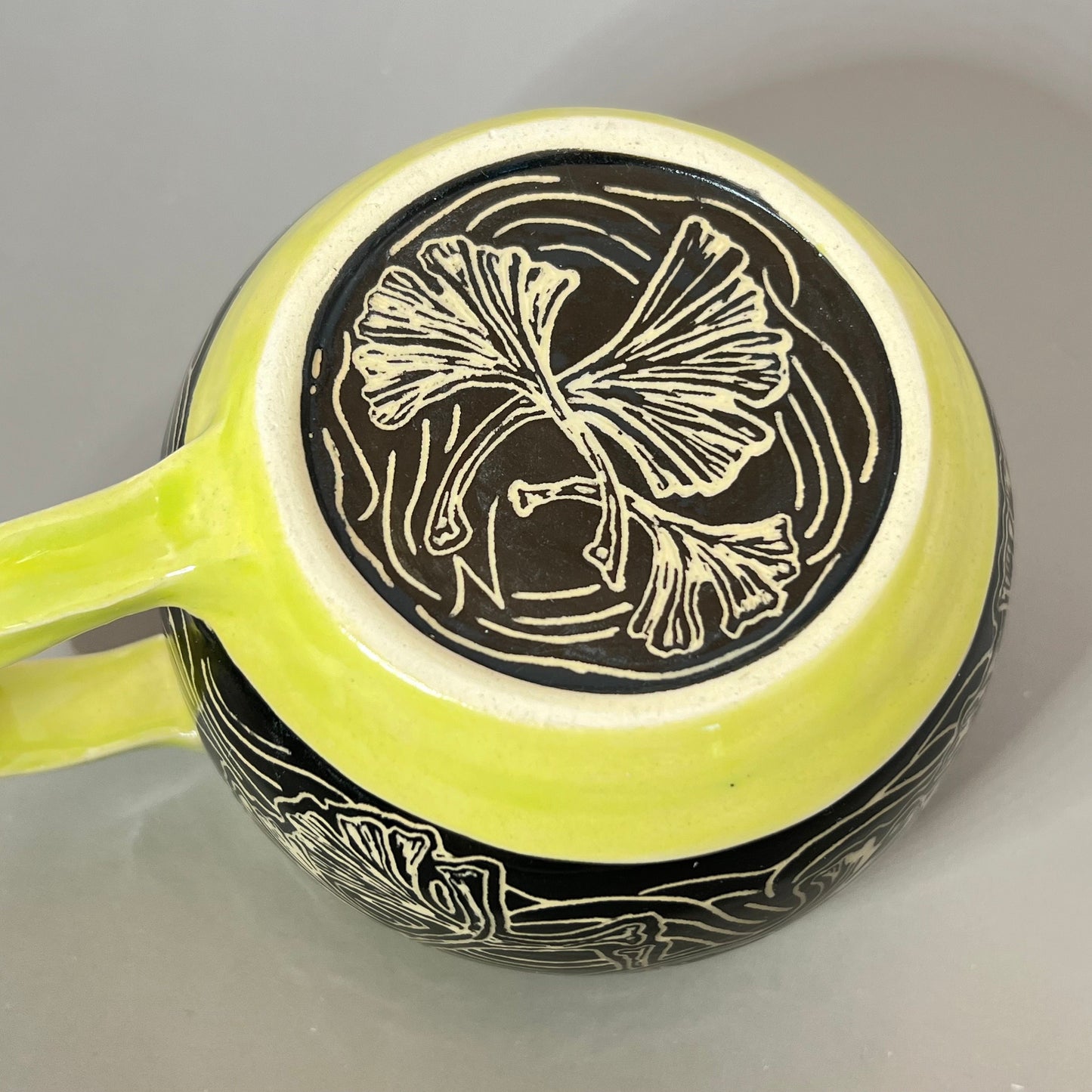 Chartreuse Green and Black Gingko Leaf Sgraffito Mug