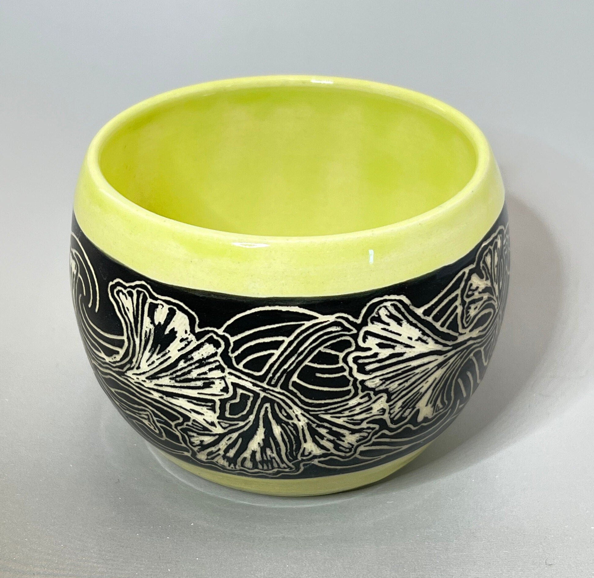 Chartreuse Green and Black Gingko Leaf Sgraffito Mug