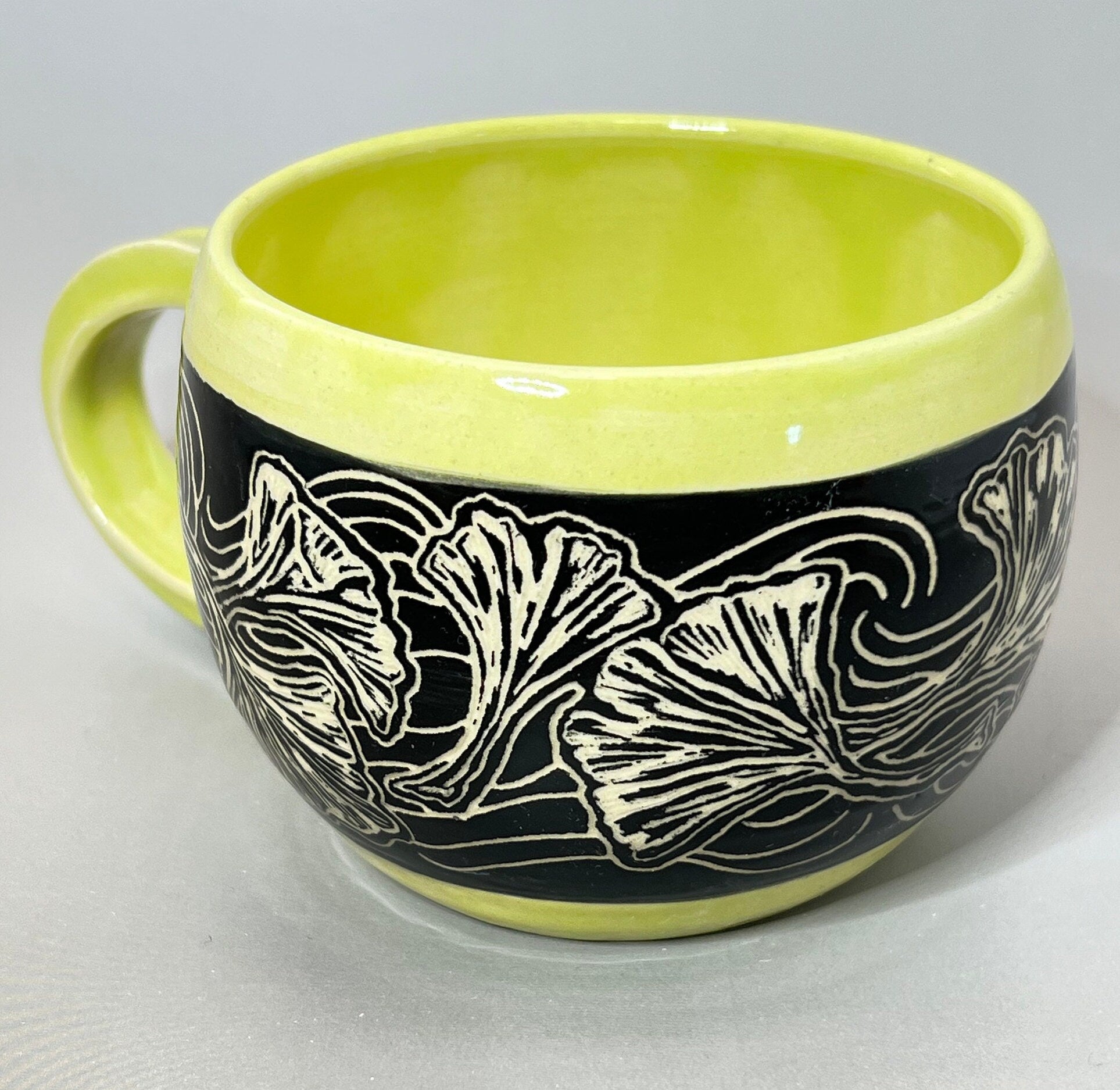 Chartreuse Green and Black Gingko Leaf Sgraffito Mug