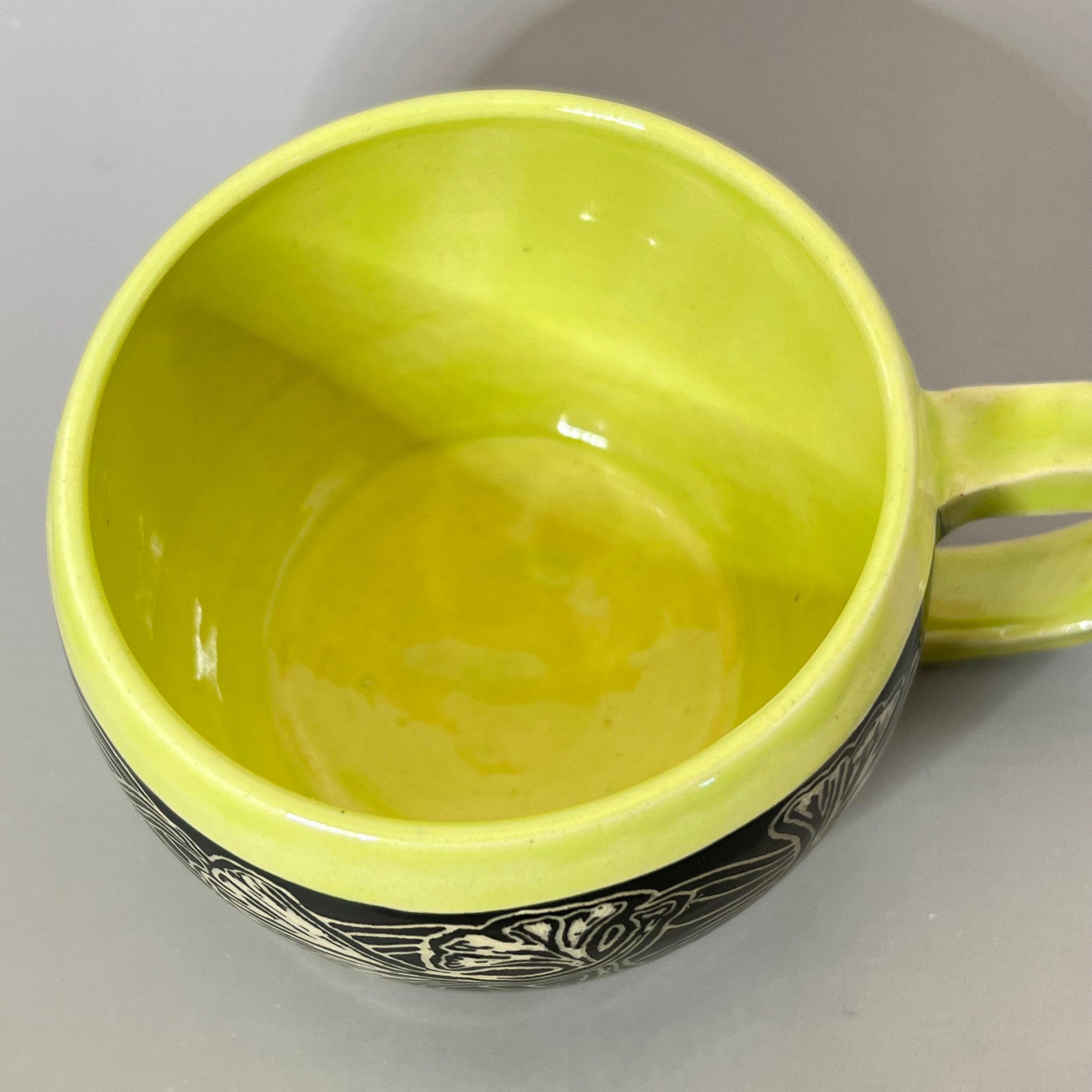 Chartreuse Green and Black Gingko Leaf Sgraffito Mug