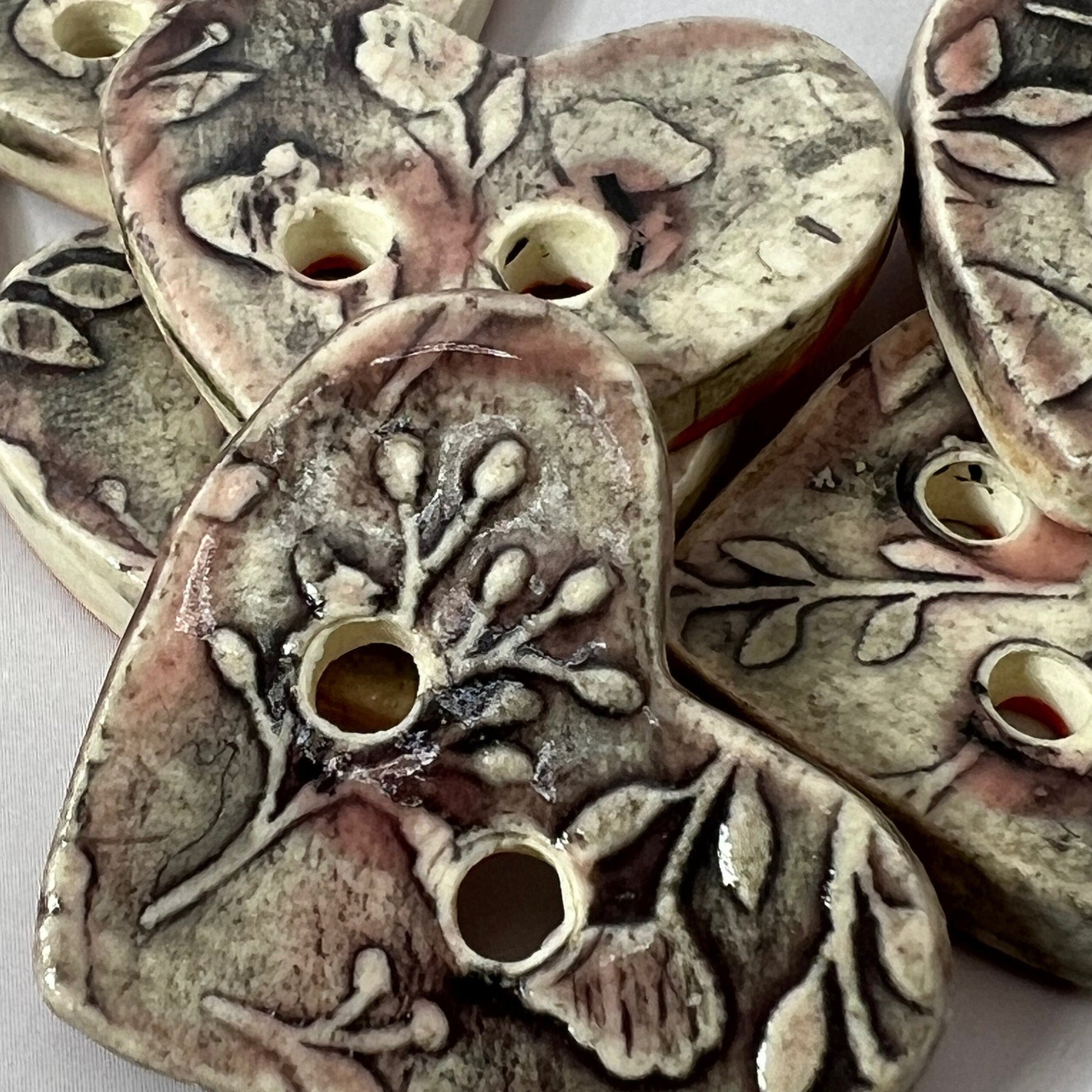 Old Fashion Floral Hearts Pink, White, and Black Ceramic Buttons