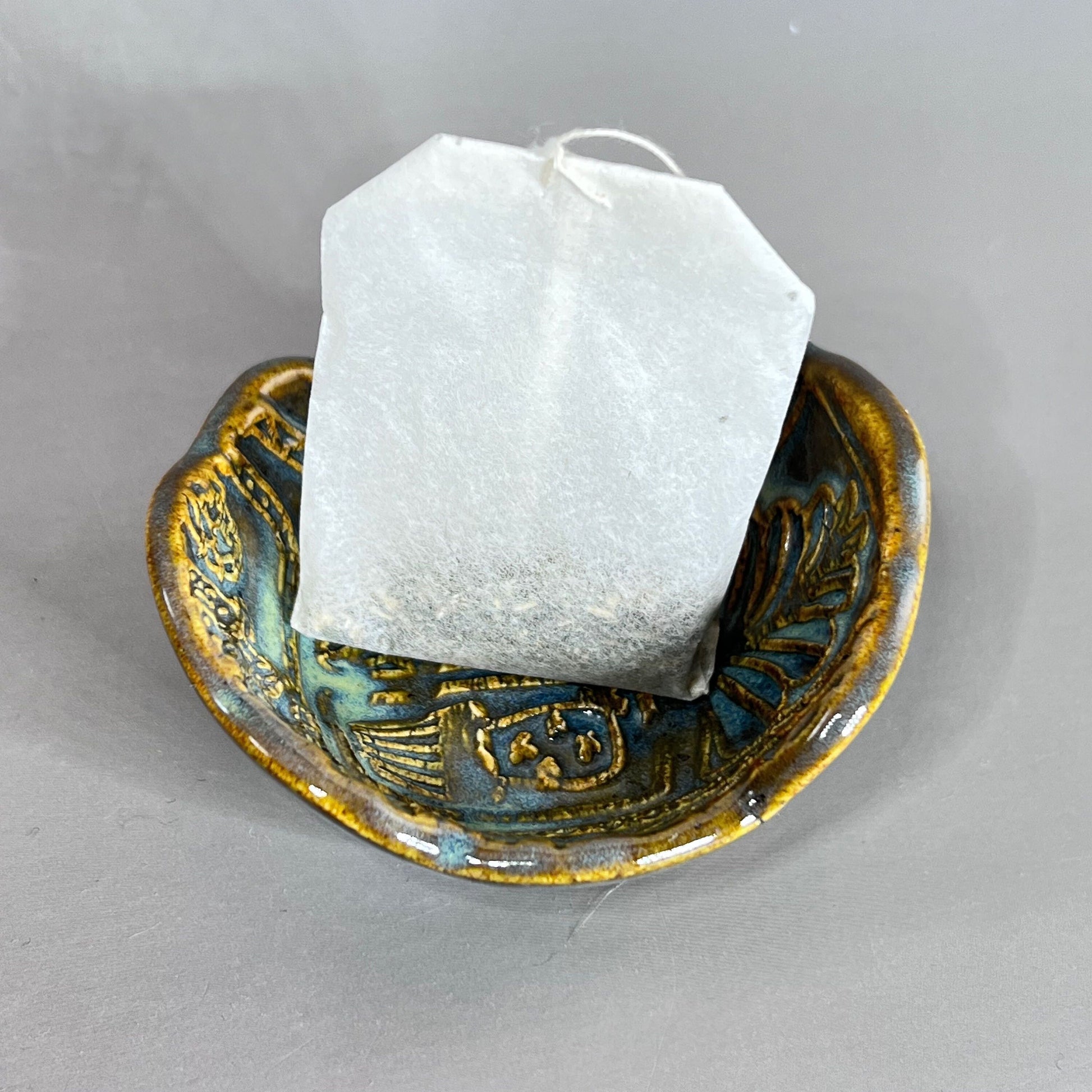 Agave Green and Blue on Amber Brown Succulent Patterned Teabag Holder and Spoonrest
